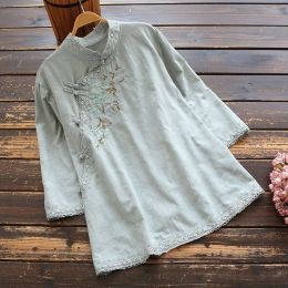 Stylish Vintage Floral Embroidered Shirt (Option: Light Green-2XL)
