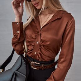 Temperament Elegant Cardigan Glossy Shirt (Option: Coffee-2XL)