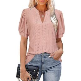 V-neck Solid Color Hollow Bubble Sleeve Loose T-shirt (Option: Leather pink-5XL)