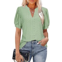 V-neck Solid Color Hollow Bubble Sleeve Loose T-shirt (Option: Light Green-4XL)