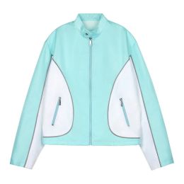 American Retro Patchwork Contrasting Motorcycle Suit (Option: Tiffany blue-XL)