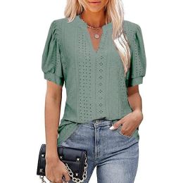 V-neck Solid Color Hollow Bubble Sleeve Loose T-shirt (Option: Dark green.-4XL)